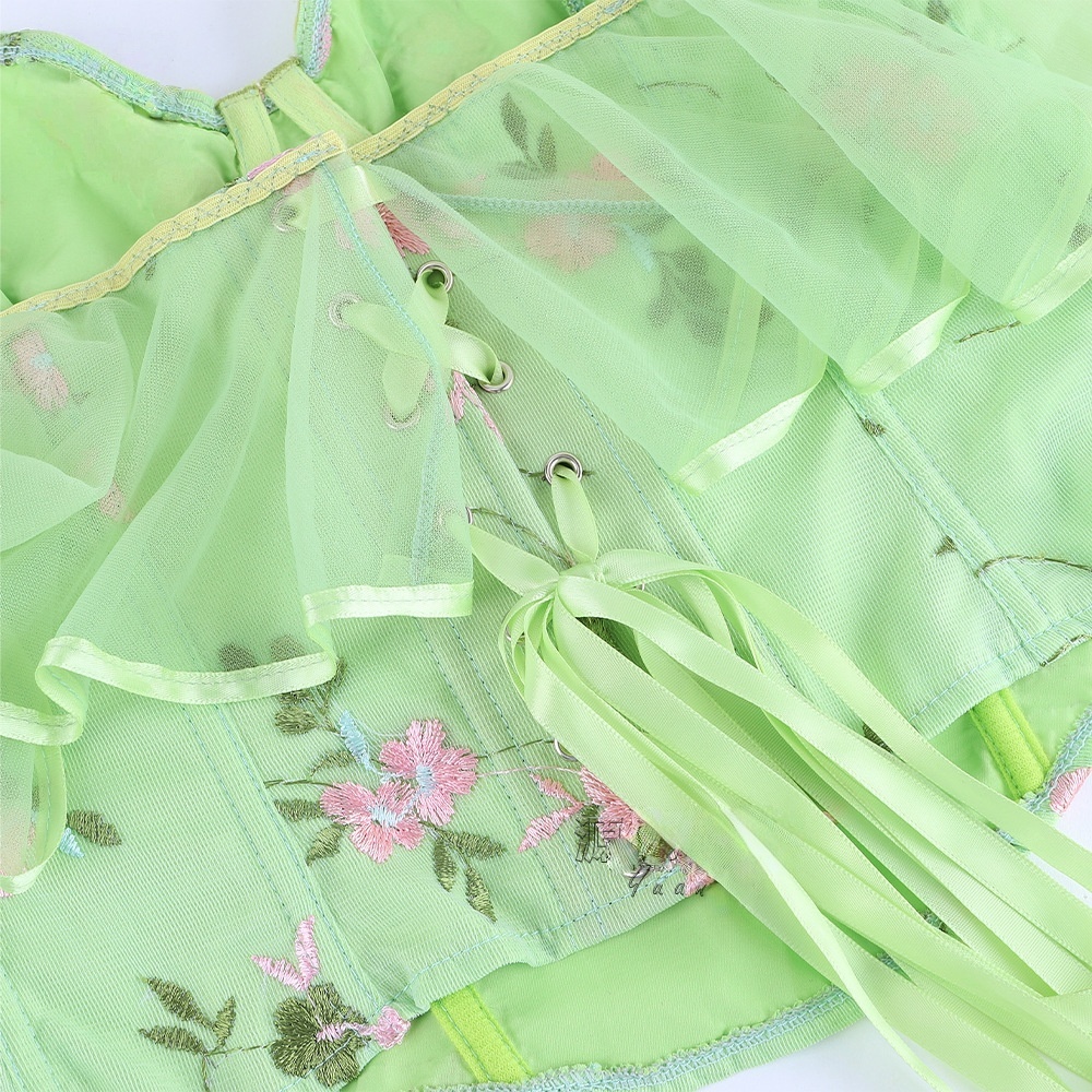Floral Embroidered Off-Shoulder Corset Top -Sheer Overlay Bustier Waist Cincher